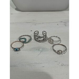 Ring lot of 5 Evil Eye Wave Coin Silver Tone Boho Jewelry size 6 and 7